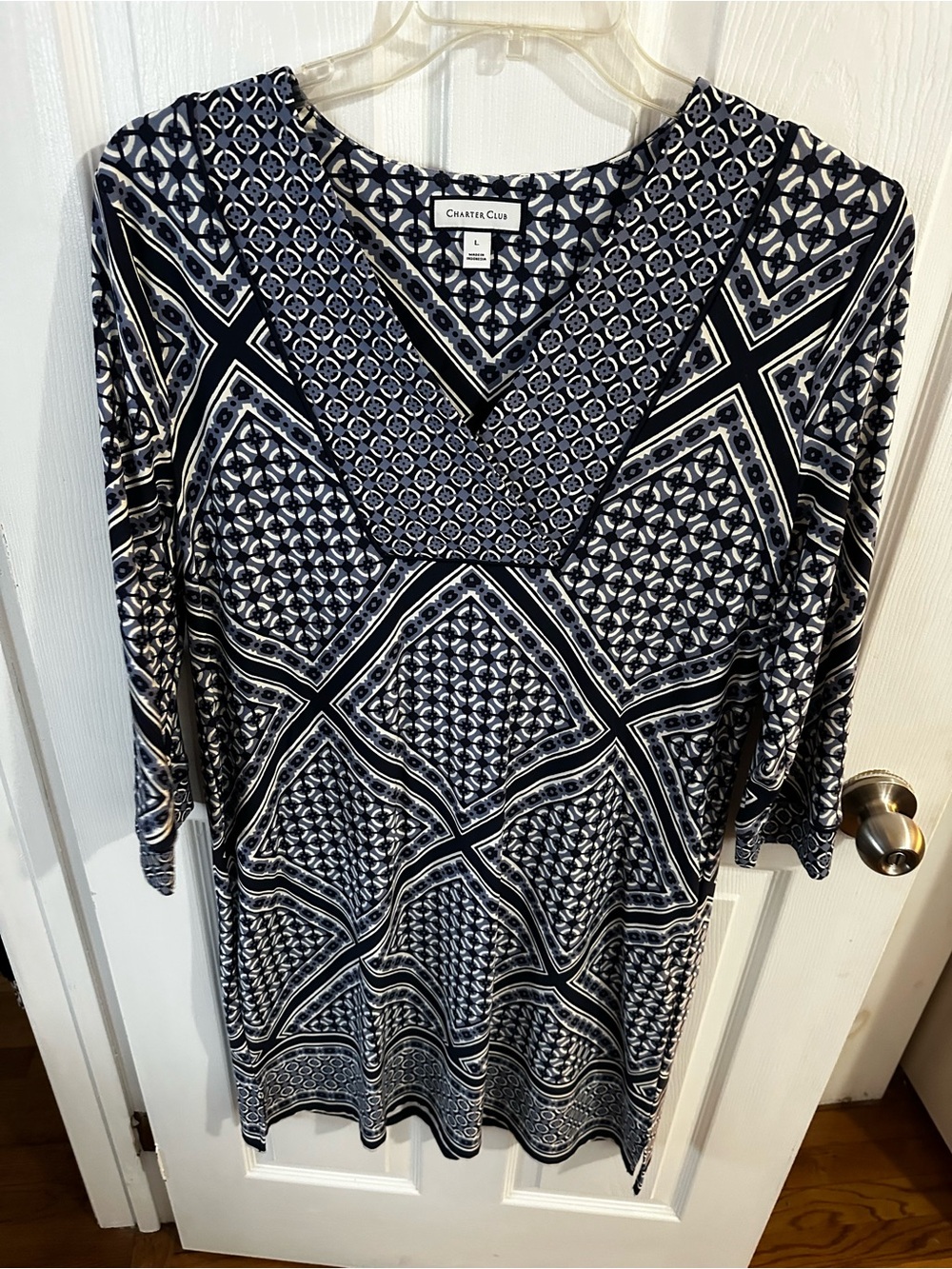 Charter Club Navy and White Geometric V-Neck Tunic